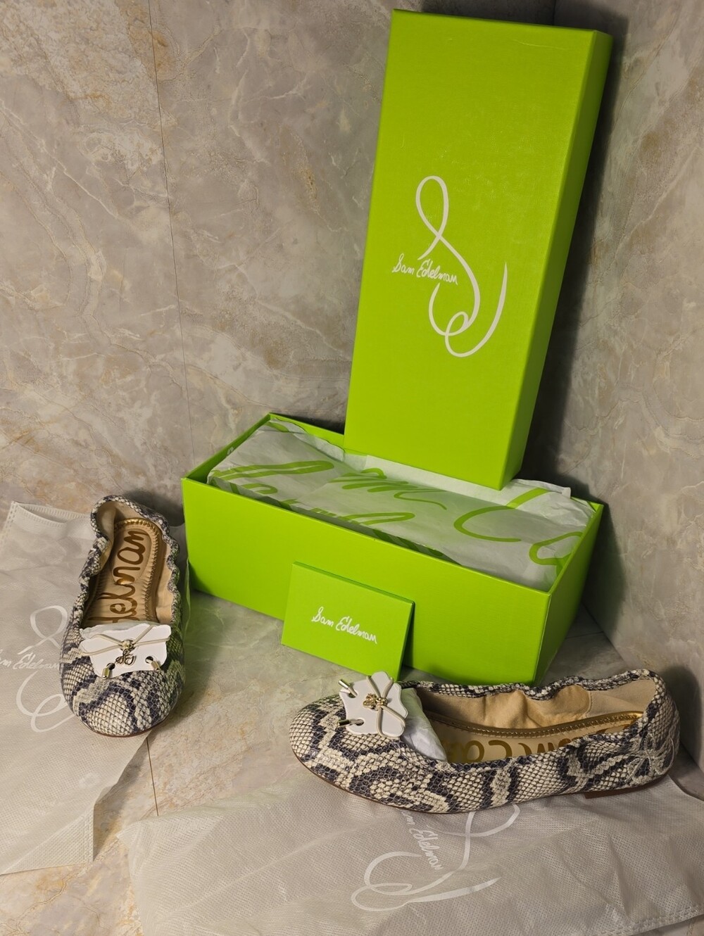 NIB Sam Edelman Grey and Beige Snake-Print Ballet Flats sz 7.5